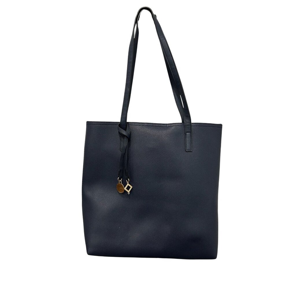 Navy Faux Leather Tote Bag With Gold Charm Accents & Magnetic Closure By DS Bags